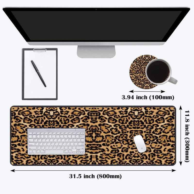 Desk Pad Mat Gaming Mouse Pads with Coasters Set, Stitched Edges Design Mouse Pad XXL Large Mouse Pad for Laptop Computers Leopard Print Desk Writing Mat for Office & Home 31.5"x 11.8"