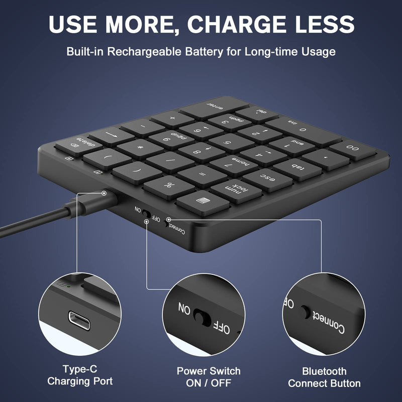 [AUSTRALIA] - PINKCAT Bluetooth Number Pad, 28 Keys Aluminum Rechargeable Wireless Numeric Keypad, Portable Number Numpad Financial Accounting for Laptop, PC, Notebook, Desktop, Surface Pro - Black KF30-BT+Black 
