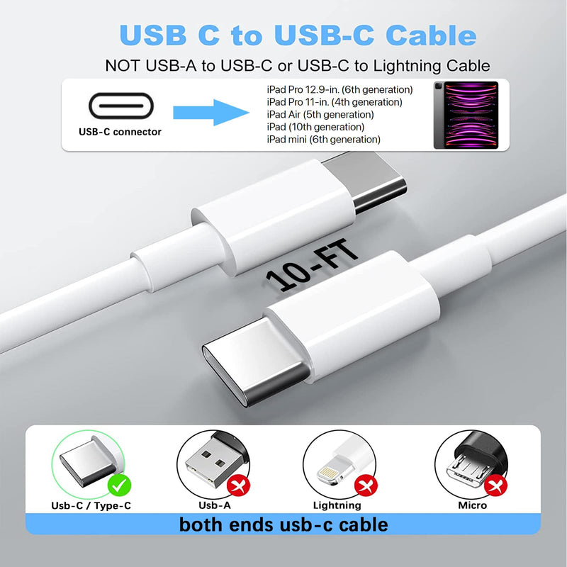 Fast Charger for iPad with USB-C Port, iPad Pro Chargers, GKW 20W USBC Fast Charging 10 ft for iPad 12.9/11/10.9 inch, Air 5th/4th, Mini 6th, 10th Generation, 10ft C to C Cable, 2Pack, White