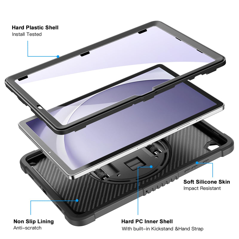 ZtotopCases for Samsung Galaxy Tab A9+ / A9 Plus 11'' 2023 (SM-X210/X216/X218), Shockproof Hard Duty Case with Screen Protector+360 Rotating Hand Strap&Stand+Shoulder Strap for Tab A9+ Tablet, Black A9 11Inch Black