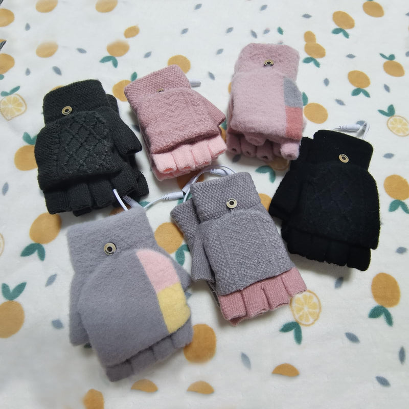 Women's & Men's USB Heated Gloves Mitten Full & Half Fingerless Winter Hands Warmer Laptop Gloves Colorful Grey