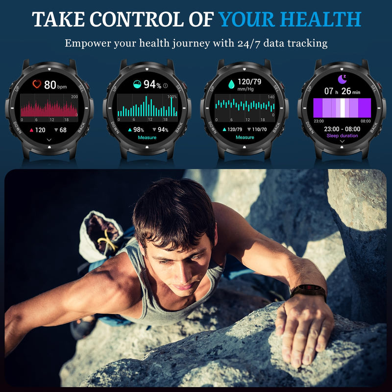 Smart Watch for Men- Bluetooth Call, 2025 Military Waterproof Fitness Sleep Tracker Watch with 110 Sports Modes, Smartwatch for Samsung Android iPhone iOS Compatible Black 1.39