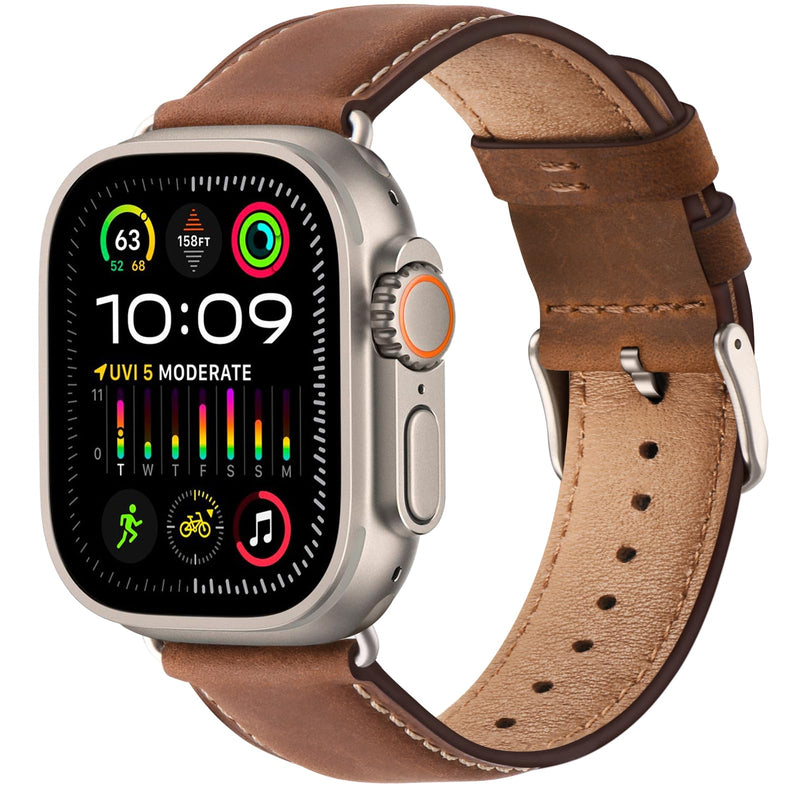 SUNFWR Compatible with Apple Watch Band 45mm 44mm 42mm for Men Women, Stainless Steel Metal iWatch Band with Case + Top Grain Genuine Leather Band for Apple Watch Series Ultra 9/8/7/6/5/4/3/2/1/SE/SE2