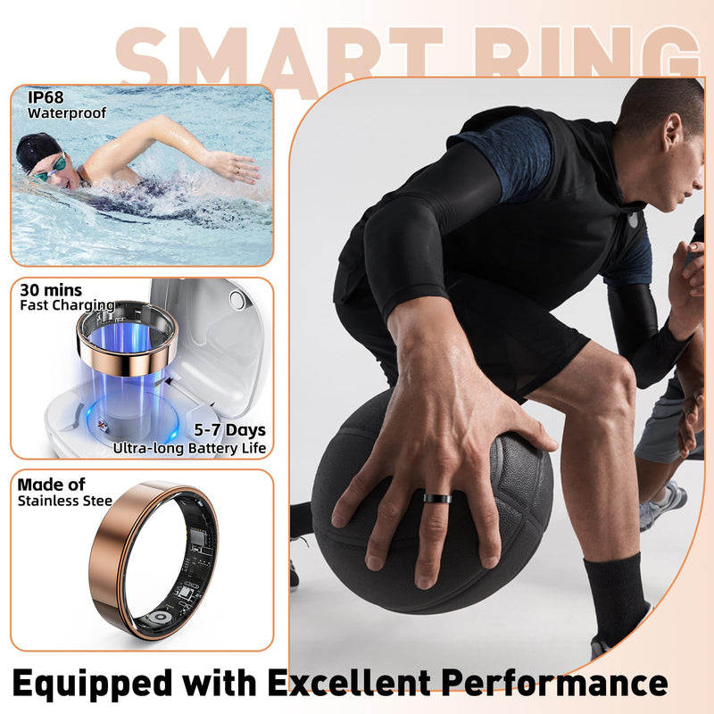 Smart Ring with Sleep Monitoring, Step Counting, Heart Rate, Blood Oxygen, Blood Pressure for iPhone and Android, No Subscription Fee, IP68 Waterproof Health Tracker (Rose Gold, 10)