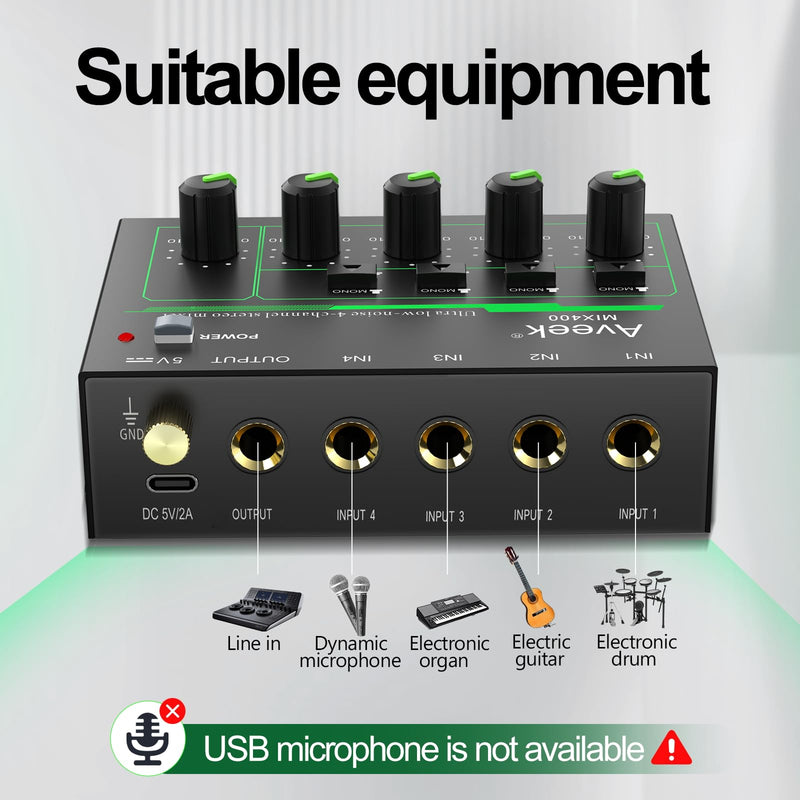 Aveek 4 Channel Mixer - Mini 4 Stereo Audio Mixer, Low-Noise for Precision Sub-Mixing,1/4" TRS Input/Output Ideal for Mics/Guitars/Bass/Stage - 3 x 4.4 x 1.3 inches