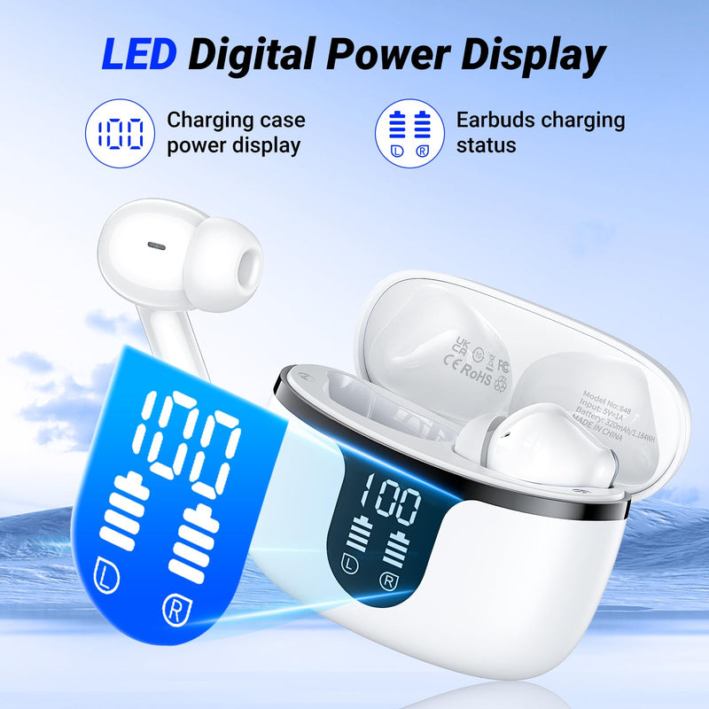 Wireless Earbuds, Bluetooth 5.4 ear buds with 4 ENC Noise Cancelling Mics, Bluetooth Earbuds with 48H Playtime, IPX7 Waterproof Workout earbuds, White headphones HiFi Sound LED Display for iOS Android