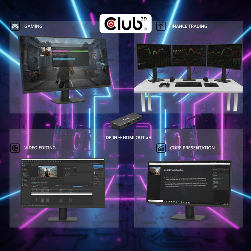 Club 3D DisplayPort to HDMI Adapter, Triple Monitor 8K@60Hz MST Hub Splitter, DP 2.1 to 3 HDMI Multi-Stream Display Extender for Video Wall, Gaming, HDR HDCP 2.3 Compatible CSV-7330
