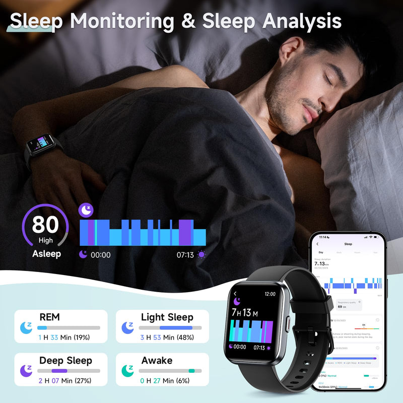 Smart Watch for Men Women, 1.8" Fitness Tracker for Android & iPhone, Answer/Make Calls, Alexa Built-in, Heart Rate/Sleep/SpO2 Monitor Smartwatch, 3ATM Waterproof Watches, 101+ Sport Modes, 2 Bands Matte Black 1.8 inches