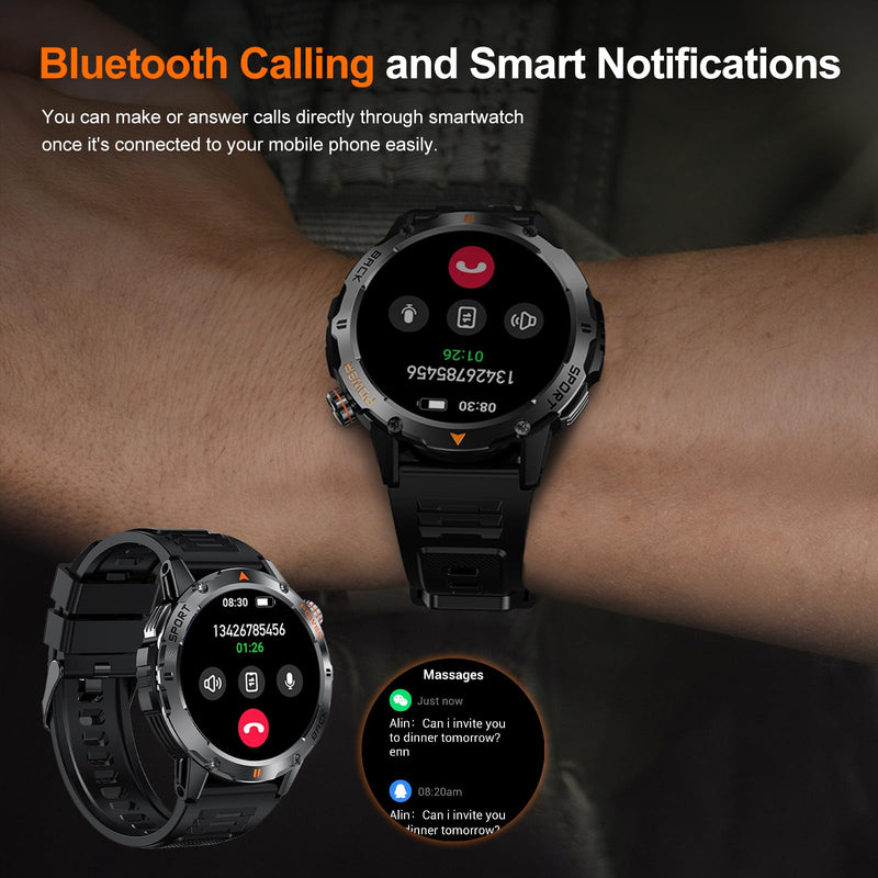 Military Smart Watch for Men, (Answer/Make Call) Fitness Smart Watch with Flashlight Compatible for Android & iPhone Waterproof with Blood Oxygen/HeartRate/Sleep/120+ Sport Modes (Black) Black