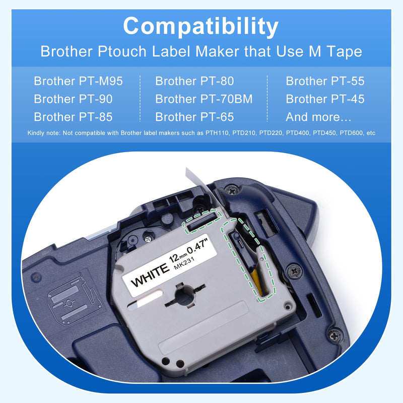 [AUSTRALIA] - Labelife M-K231 Label Tape Replace for Brother P Touch M Tape M-K231S M231 MK231 M-231 12mm 0.47 Inch for Brother PTouch PT-M95 PT-65 PT-80 PT-70 PT-45 PT-90 Label Makers, Black on White, 4 Pack 
