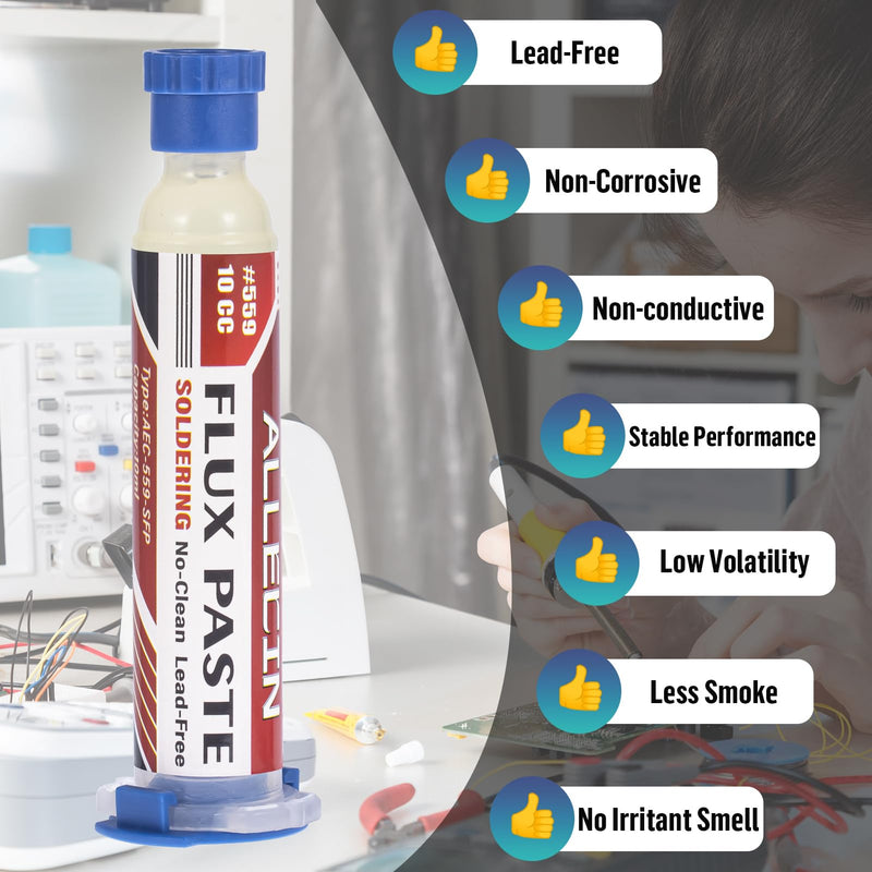 No Clean Soldering Flux 559 10CC 10mL Solder Fluxes Paste Syringe for Electronics 10 Milliliters with Needle Dispensing Tool (Pack of 1Pcs) 559-10CC-1pcs