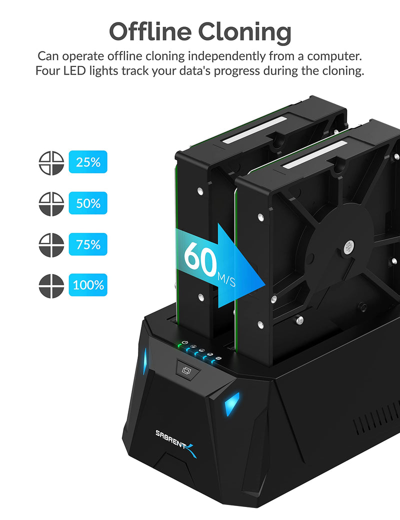 SABRENT USB-C Dual Bay Hard Drive Docking Station & Cloner (EC-CH2B) | 2.5"/3.5" SATA; offline cloning; up to 5Gbps; tool-free installation; hard drive dock; hdd dock; external hard drive dock 2-Bay SATA Dock – USB-C 5Gbps