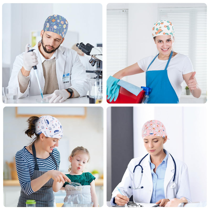 Moxiewell Pack of 6 surgical caps with laces, scrubbing cap, printed hat with button and cotton sweatband, adjustable, full hair cover, unisex doctor cap, multicoloured, 53