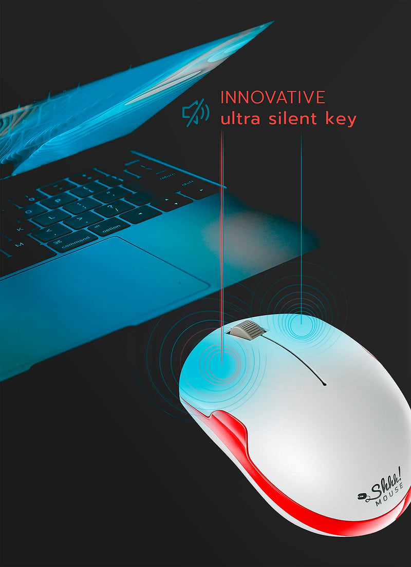 ShhhMouse Wireless Silent Noiseless Clickless Mobile Optical Mouse with USB Receiver and Batteries Included, Portable and Compact, for Notebook, PC, Laptop, Chromebook, Computer, MacBook (White/Red) White/Red