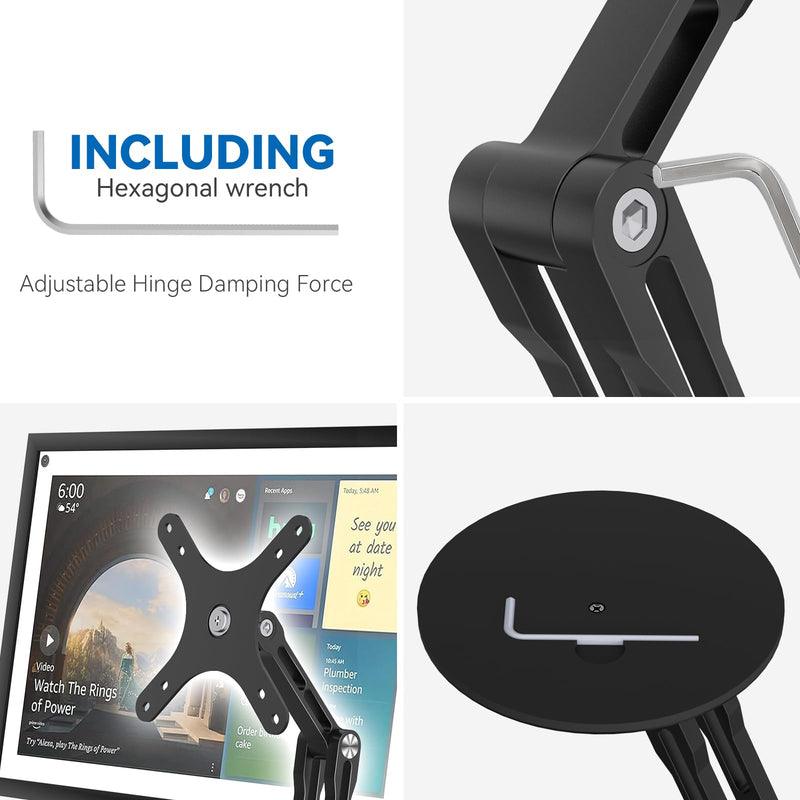 Swivel and Tilt Stand for Echo Show 15, Vesa Monitor Stand, Three-Hinge Adjustable Angle and Height with 360° Rotation Base, Supports Switching Between Landscape and Portrait Screens(Black)