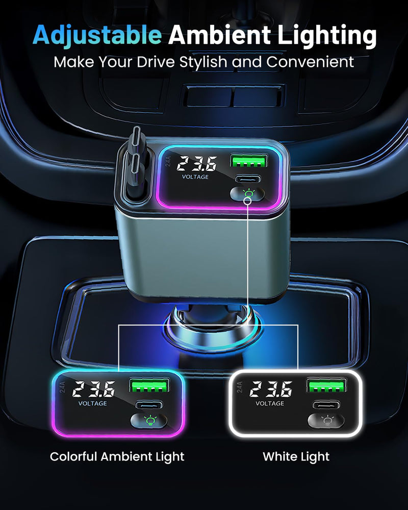 [2 Pack] 4 in 1 Retractable Car Charger with RGB Light, 92W Fast Charging Dual USB C Car Adapter, Compact Car Phone Charger for iPhone/Galaxy/Pixel, Road Trip Essentials (Dual Type C Cable) Dual Type C Cable Dark Green-2Pack