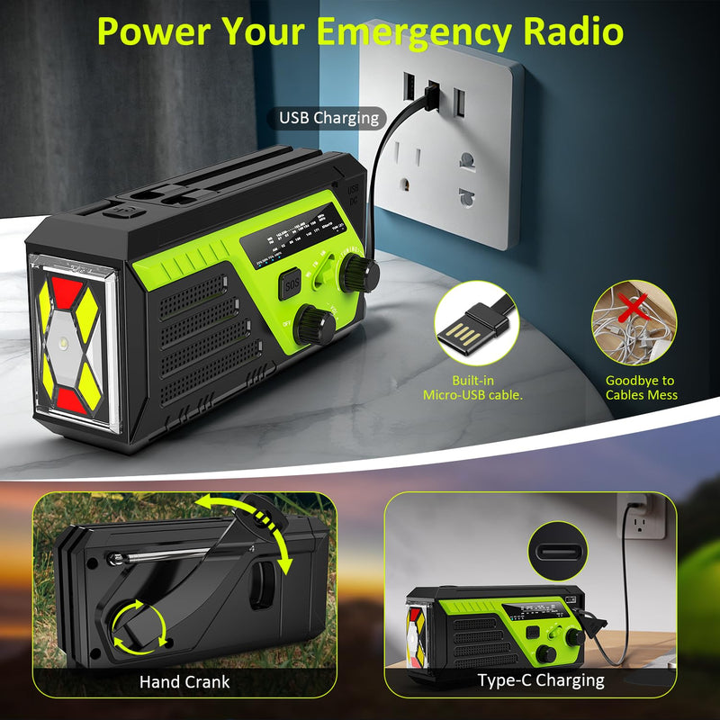 Weather Radio 22000mWh AM FM NOAA Emergency Radio with 4 Charging Cables, Flashlight, Reading Light, SOS Alarm, Phone Charging Hand Crank Radio for Home Outdoor Emergencies. Green