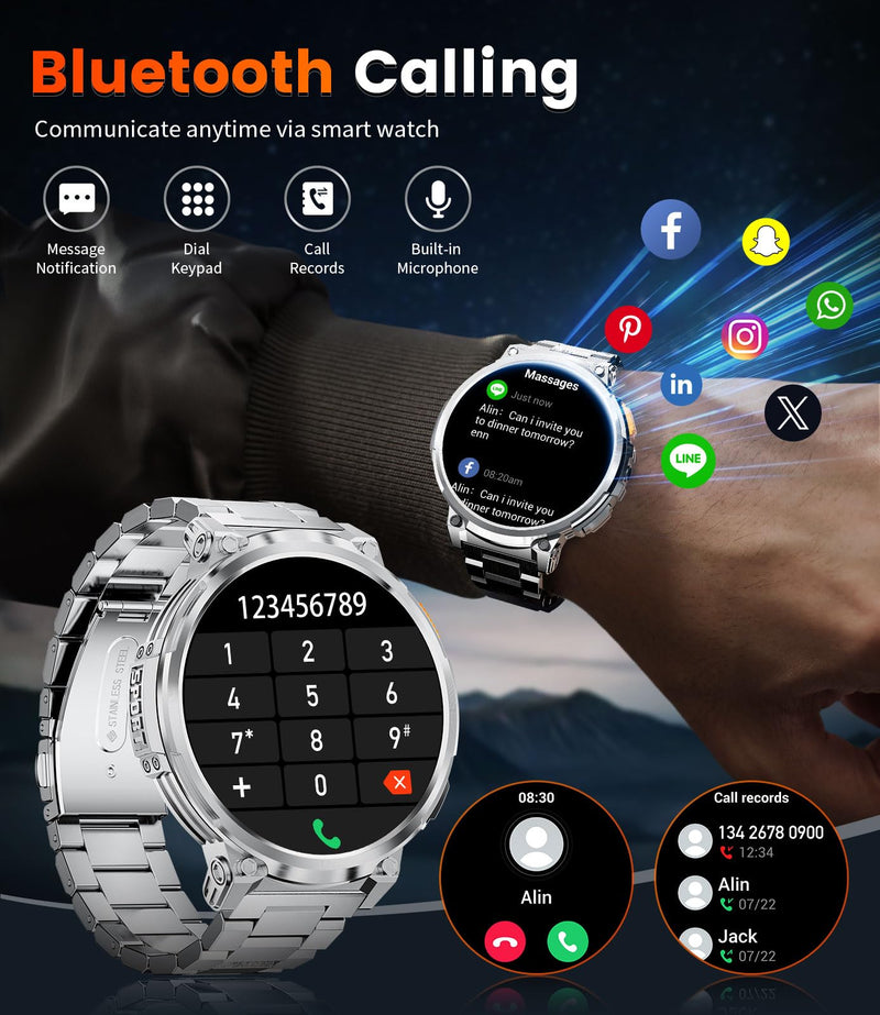 ESFOE 1.85" Large Screen Smart Watches for Men Compatible with iOS Android, LED Flashlight/730mAh Large Battery, Fitness Tracker with Heart Rate/Sleep Monitor/100+ Sports Mode, Bluetooth Call(Silver) Silver Style C