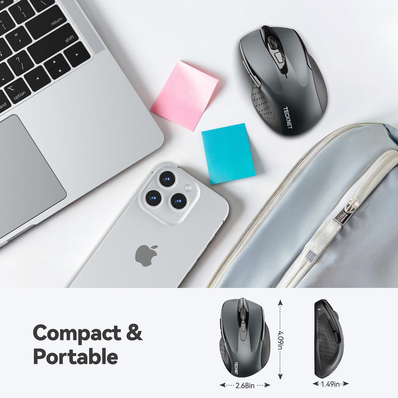 TECKNET Wireless Mouse, 2.4G Ergonomic Optical Mouse, Computer Mouse for Laptop, PC, Computer, Chromebook, Notebook, 6 Buttons, 24 Months Battery Life, 2600 DPI, 5 Adjustment Levels Grey