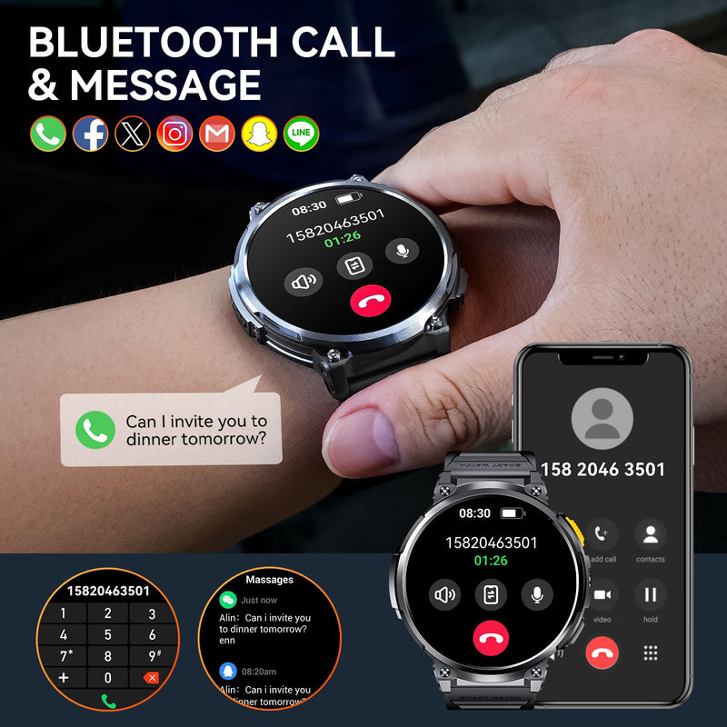 1.85” Big Screen Military Smart Watch for Men with LED Flashlight 2 Straps | Rugged Smart Watch, 730mAh Battery, 100+ Sports Modes, Fitness Watch, Heart Rate Monitor, Sleep Tracker Black Stainless Steel