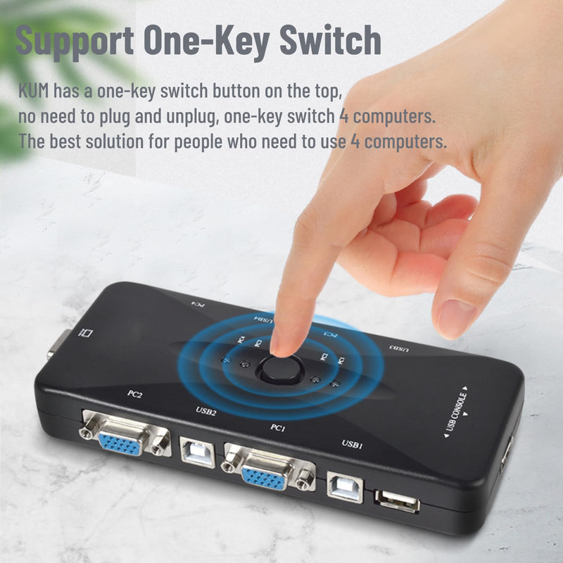 4 Port KVM Switch, USB 2.0 KVM VGA/SVGA , VGA KVM Switch with USB Hub, Computer Switch Box Adapter for PC Keyboard
