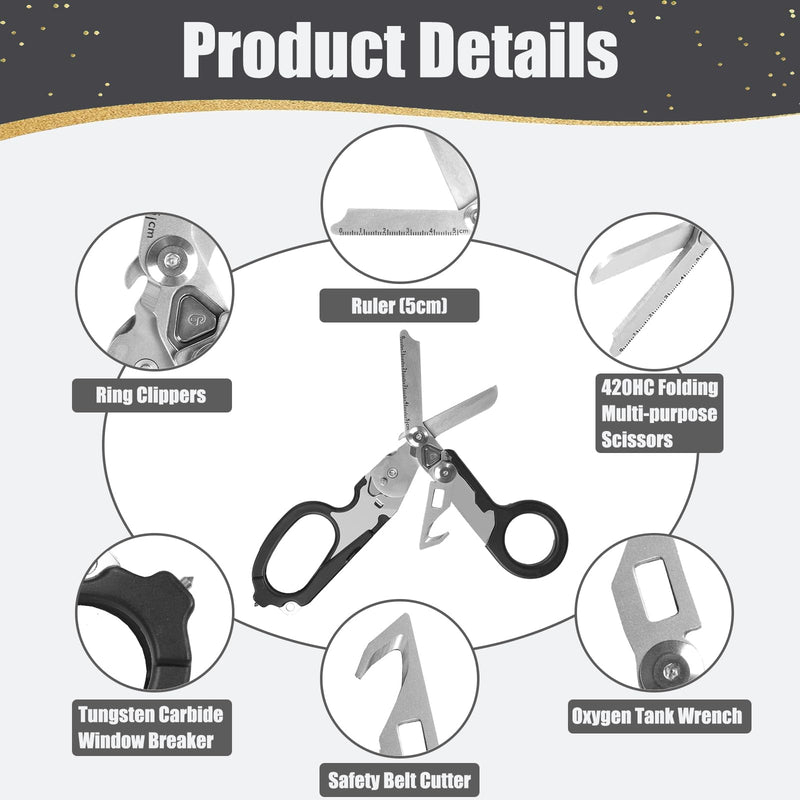6 in 1 Multifunctional Foldable Trauma Scissors with Compatible Holster Emergency Response Scissors Camping Rescue Tools Outdoor with Tape Cutter and Glass Breaker Black