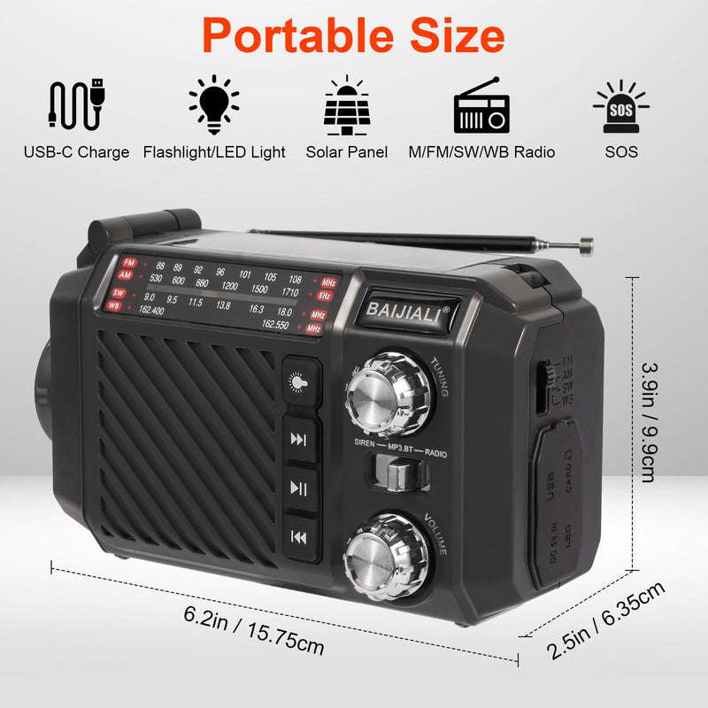 [AUSTRALIA] - Hand Crank Emergency Weather Radio with 2600mAh/9620mWh Power Bank, NOAA AM FM Shortwave Portable Radio, Solar & USB-C Charging, Flashlight, SOS Alarm for Emergency Kits (Black) Black 