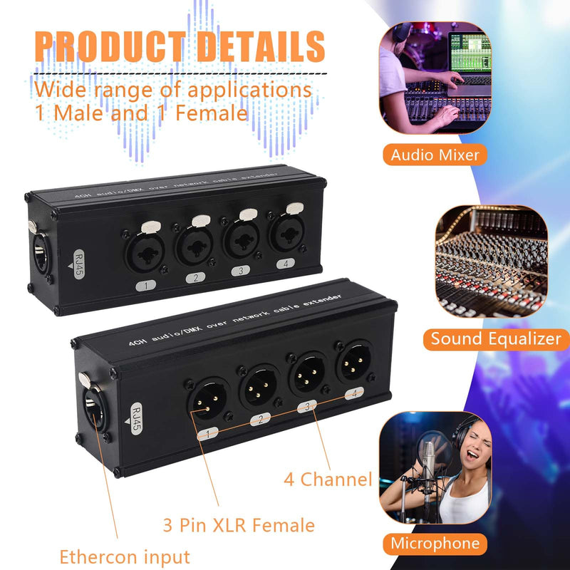 4-Channel DMX XLR to Ethernet Extender, 3-Pin XLR Male/Female & Ethercon Adapter, Cat5/Cat6/Cat7 Network Cable Converter (1 Pair: Male + Female) | Long-Distance Audio Signal Transmission XLR-XLR/6.35mm