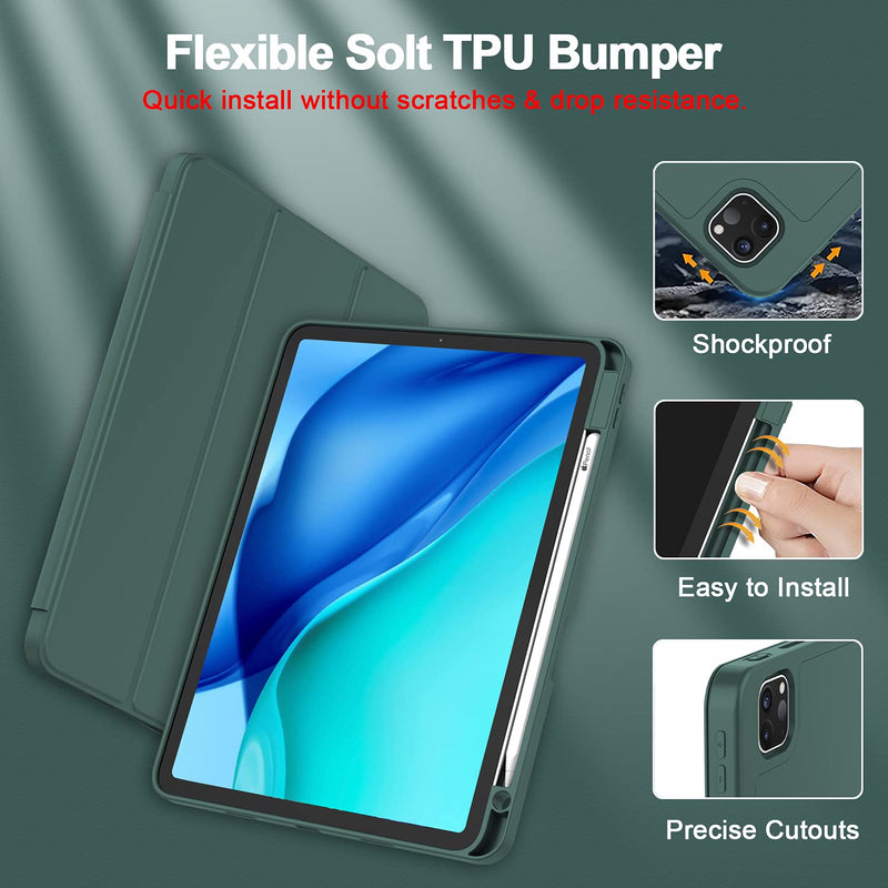 ZryXal New iPad Pro 12.9 Inch Case 2022/2021/2020(6th/5th/4th Gen) with Pencil Holder,Smart Case [Support Touch ID and Auto Wake/Sleep] with Auto 2nd Gen Pencil Charging (Midnight Green) Midnight Green