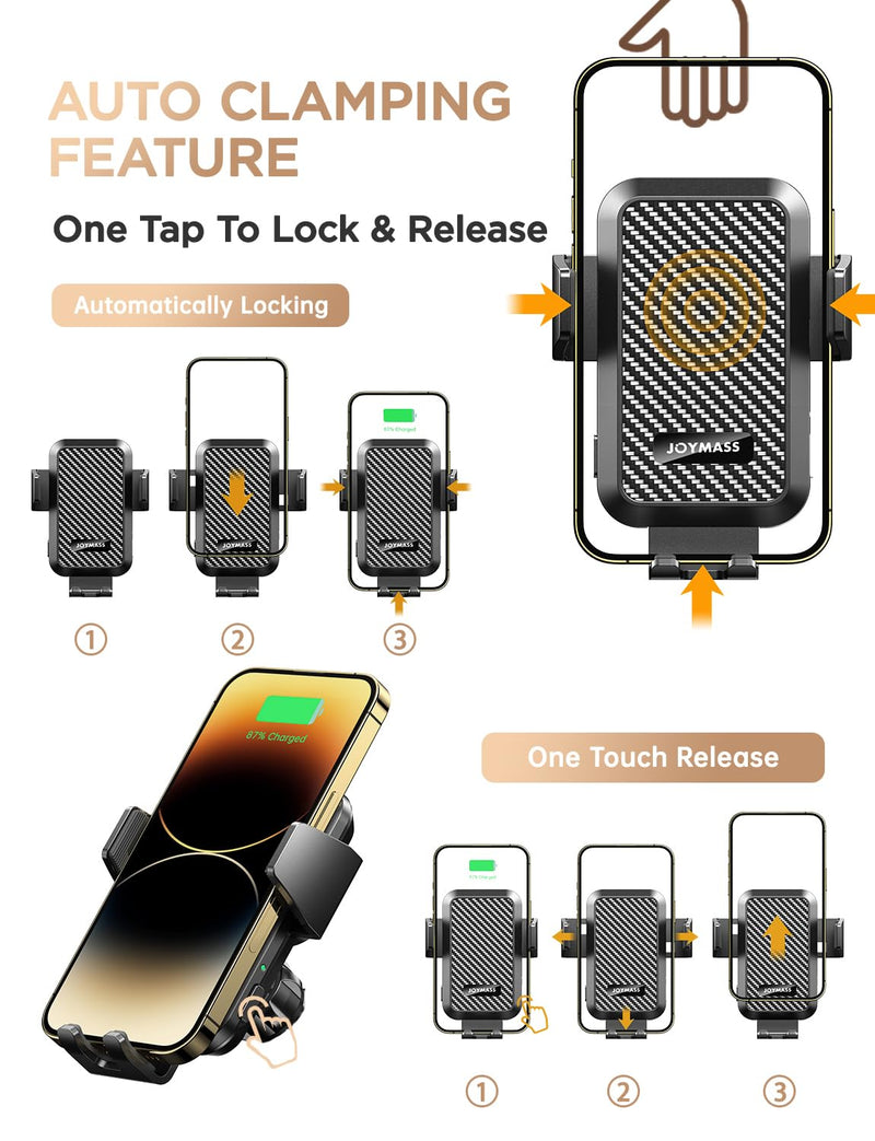 Wireless Car Charger, 15W Fast Charging Auto Clamping Car Charger Cell Phone Holder Mount Vent for iPhone 15 14 13 12 Mini Pro Max 11 XR XS X, Samsung Galaxy S23 Ultra S22 S21+ Note 20, etc BLACK