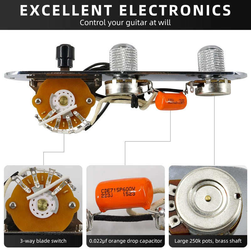 Fully Loaded Guitar Control Plate Prewired 3-Way Switch 250K Large Potentiometers Knurled Volume Tone Controls Knobs for Tele/Telecaster Electric Guitar Parts Replacement (Chrome) Chrome