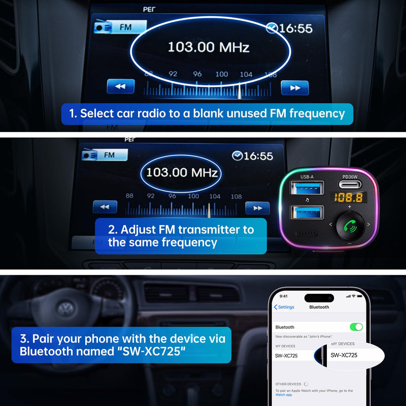 [AUSTRALIA] - Syncwire Bluetooth 5.4 FM Transmitter Car Adapter 48W (PD 36W & 12W) [Light Switch] [HiFi Bass Sound] [Fast Charging] Wireless Radio Music Adapter LED Display Hands-Free Calling Support USB Drive Black 