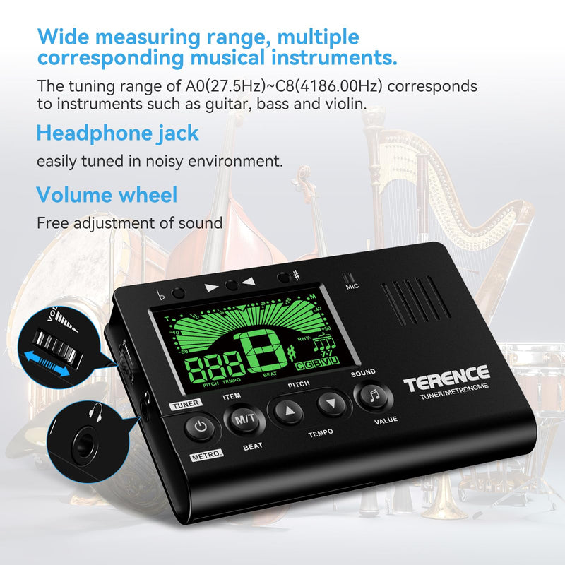 TERENCE Metronome Tuner, 3 in 1 Digital Metronome Tuner Tone Generator for Guitar, Bass, Ukulele, Chromatic, Clarinet, Trumpet and All Musical Instruments, with LCD Color Display, Volume Adjustable