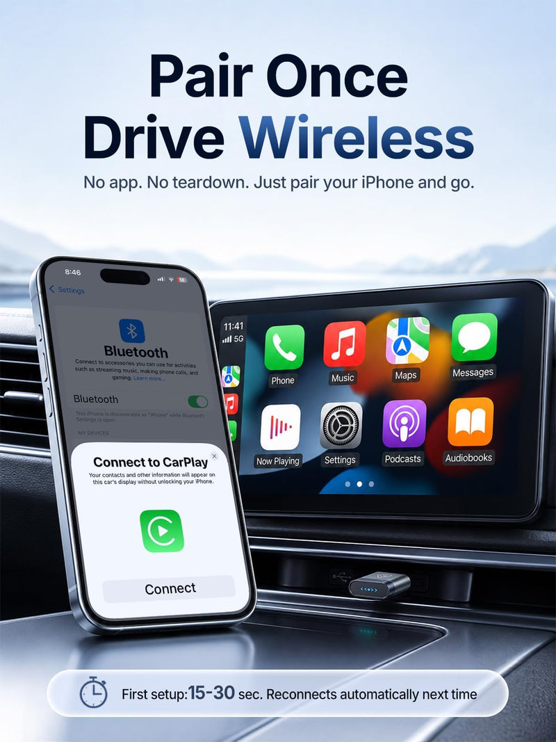 Wireless CarPlay & Android Auto Dongle for Digital Media Receivers Gray | Ultra Mini, Fast Stable Connection, No Overheating, Plug & Play, Auto Reconnect, Bluetooth Wi-Fi, USB-A USB-C, Voice Control