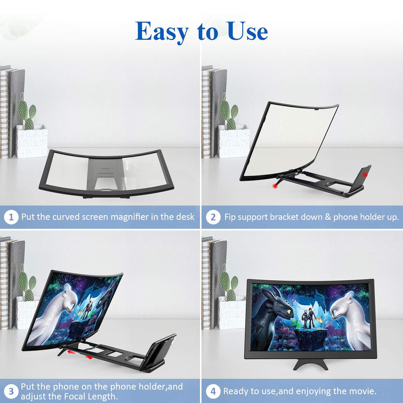 14" Curved Screen Magnifier for Cell Phone -3D HD Magnifing Projector Screen Enlarger for Movies, Videos, and Gaming – Foldable Phone Stand Holder with Screen Amplifier–Compatible with All Smartphones