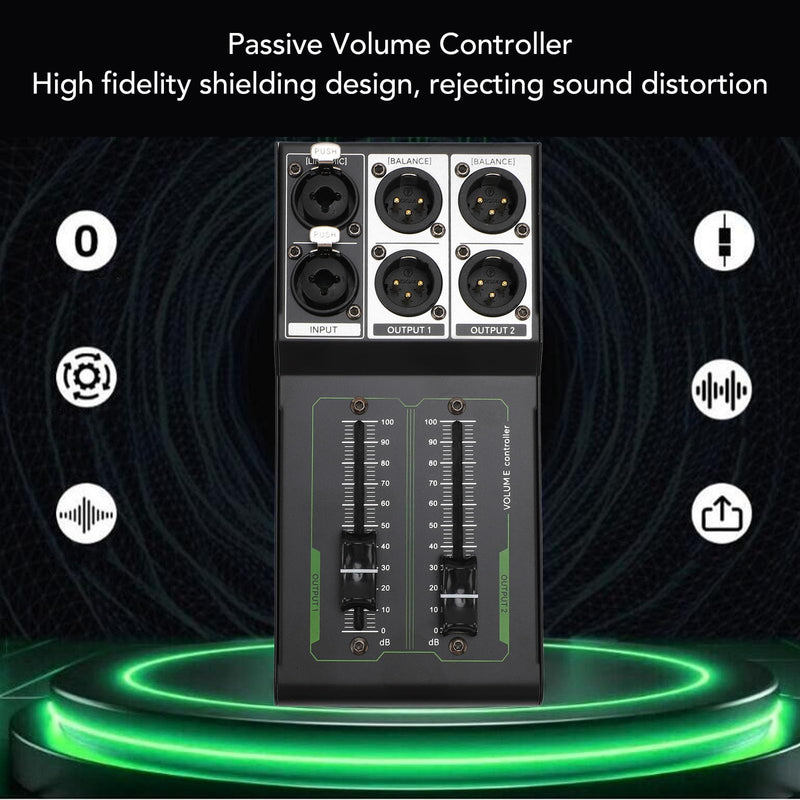 Passive Monitor Volume Controller, XLR 1 Input 2 Output Passive Stereo Studio Controller, High Precise 70Mm Fader, Controller for Studio & Home Audio System