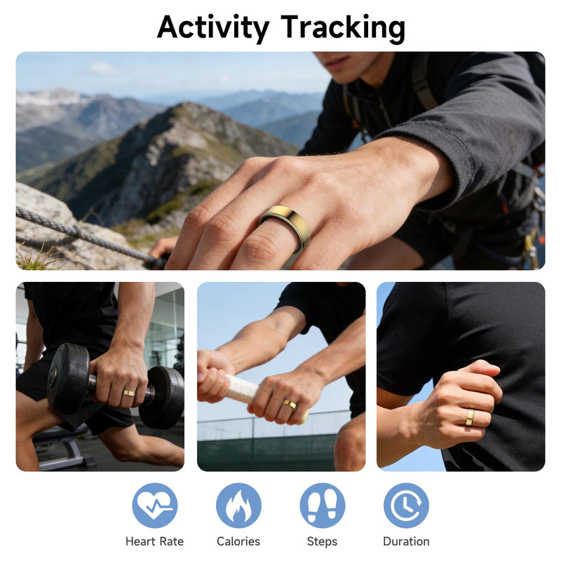 Smart Ring for Women Men, Health Tracker, Fitness Ring (Gold, 8#) | Sleep Monitor, Heart Rate, Blood Oxygen Step Counter, IP68 Waterproof Fit Ring No Subscription, iOS & Android Compatible Gold 8#