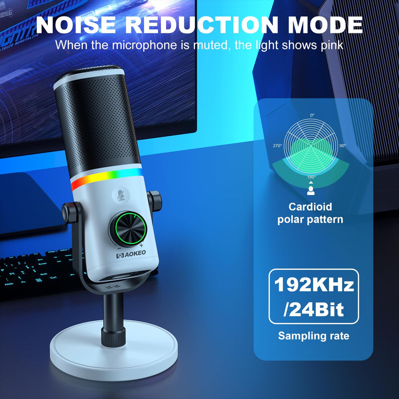 Aokeo Microphone for PC, AK-10 USB/XLR Dynamic Desktop Microphone for Gaming,Podcast,Streaming with RGB Light,Volume Control,Mute Button,Noise Reduction(White) AK-10white