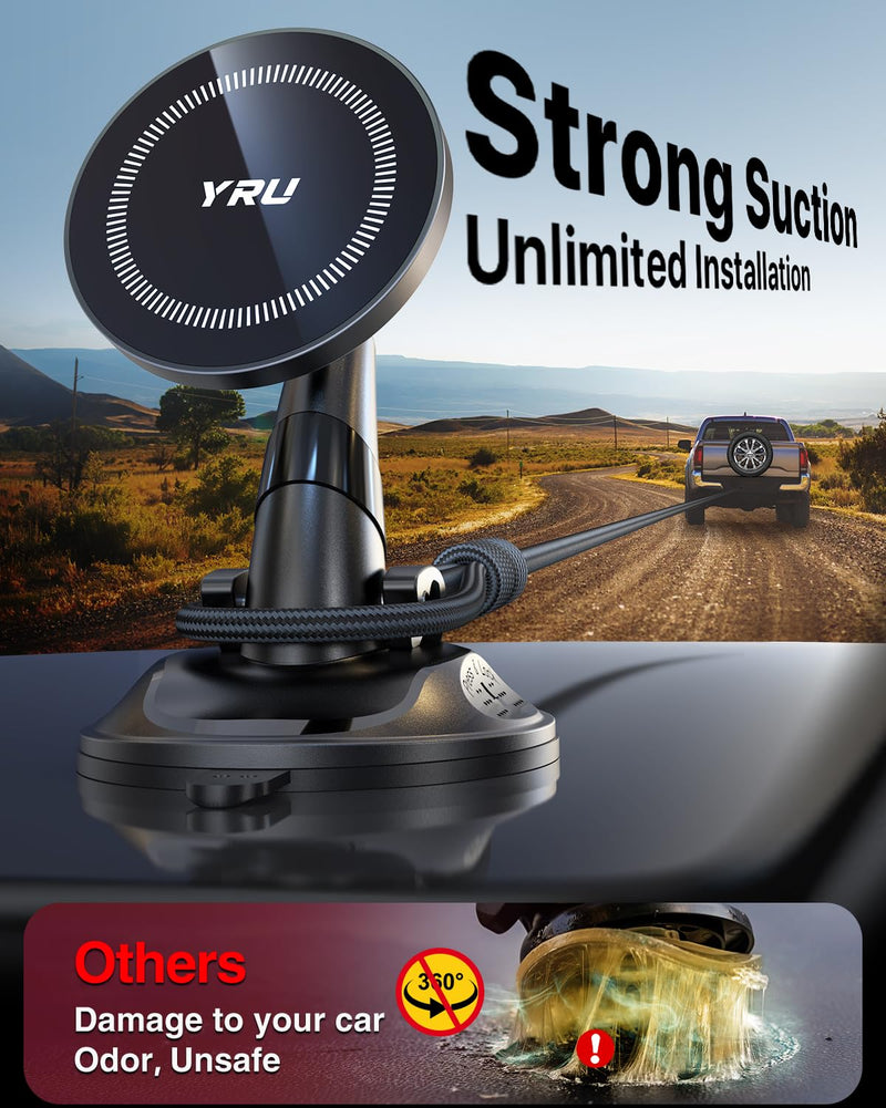 YRU [True Upgraded Military-Grade Phone Holder for Magsafe Car Mount 360° Rotating Vacuum Suction Dashboard, 2800gf Strongest Magnetic Windshield Phone Mount for iPhone 17 Pro Max 16 15 14,Black Black