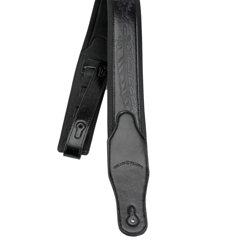 Walker & Williams GB-136 Handmade Brushed Black Padded Guitar Strap With Native American Feather Design For Acoustic, Electric, And Bass Guitars