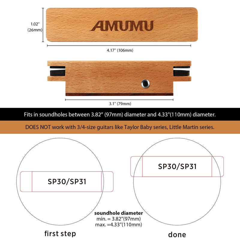 AMUMU SP30 Woody Magnetic Soundhole Pickup, For Steel String Acoustic Guitars Single Coil, Includes a free studio-grade Audio cable,Warm Acoustic Tone, Low Noise. 10ft Cable - 1/4'' male plug
