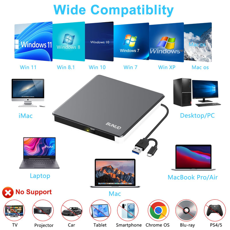 BUNUD External DVD Drive for Mac, Plug & Play with Reliable USB/SD/TF Ports | USB 3.0 & USB C DVD Player for Laptop PC, Portable CD Burner Reader SuperDrive for MacBook Windows, Aluminum Alloy, Grey