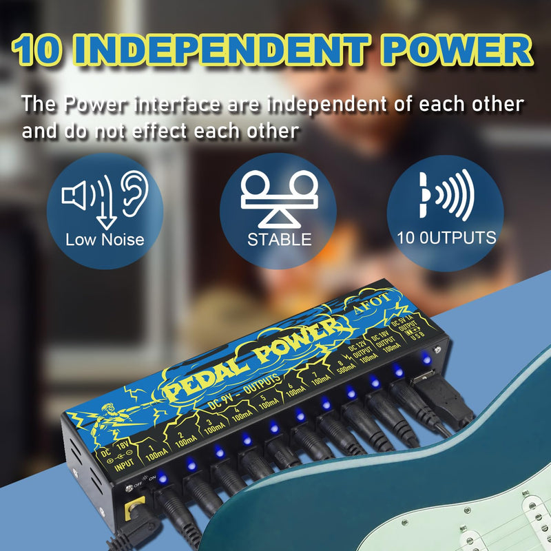 Guitar Power Supply 10 Isolated DC Output for 9V/12V/18V Effect Pedal,Guitar Power Supply for Effect Pedal with Separate Short-Circuit Protection Black