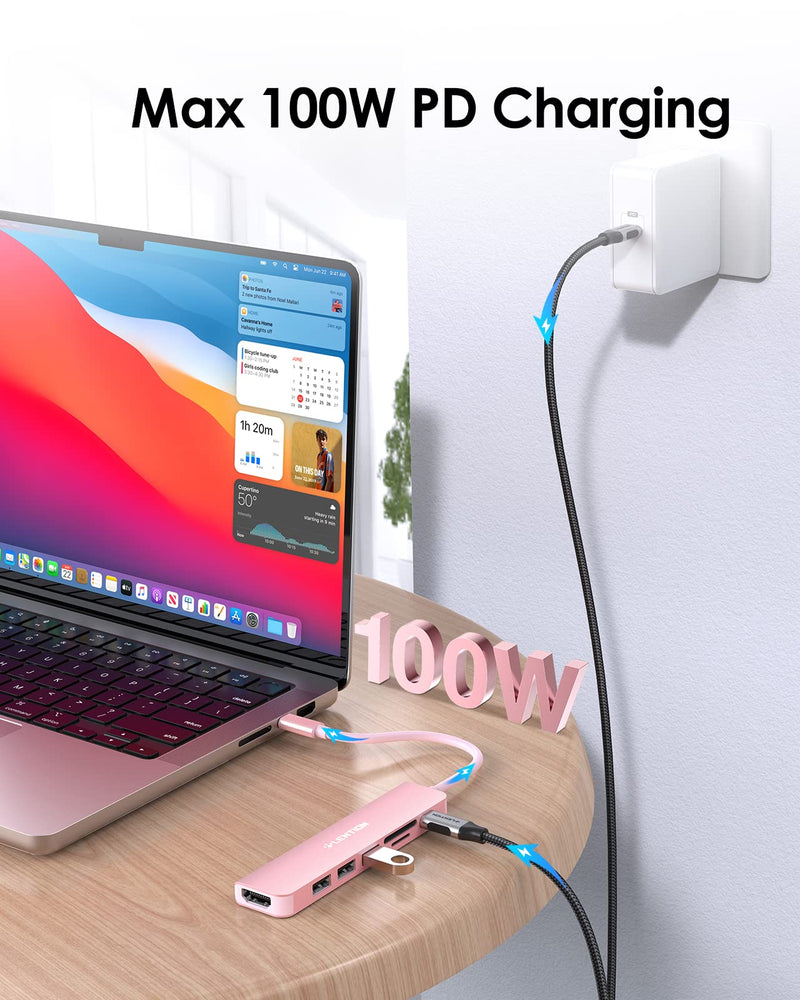 LENTION USB C Hub with 100W Charging, 4K HDMI, Dual Card Reader, USB 3.0 & 2.0 Compatible 2023-2016 MacBook Pro, New Mac Air/Surface, Chromebook, More, Stable Driver Adapter (CB-CE18, Rose Gold)