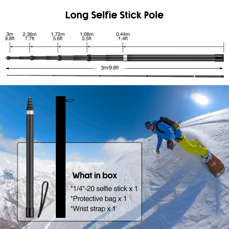 118"/3.0m Invisible Selfie Stick Carbon Fiber, 9.8ft Extended Super Long Pole Compatible with Insta360 X4 X3 ONE X2, ONE R, ONE X, ONE GO 3S 3 2 Action 360 Camera (17 to 118")