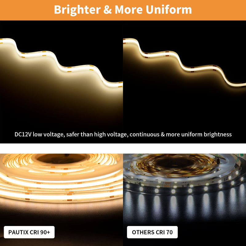 PAUTIX COB LED Strip Light Warm White 2700K IP65 12V, 18ft 2772LEDs CRI90+ Flexible LED Tape Lights for Cabinet Engineering Home DIY Lighting Project with 8mm COB Connector(Power Supply Not Included) 2700K/5.5m/IP65