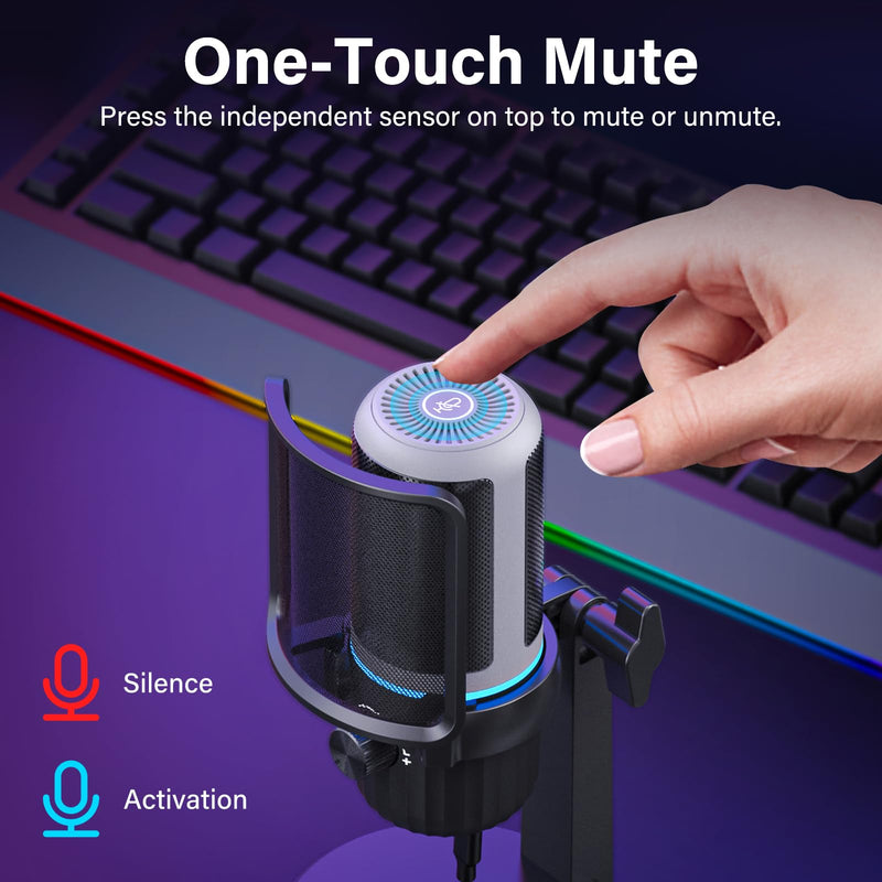 USB Condenser Gaming Microphone, PC Microphone for Streaming, Podcasts, Recording, Desktop Computer Mic with Mute Button & LED Indicator, Volume Control, Headphone Jack