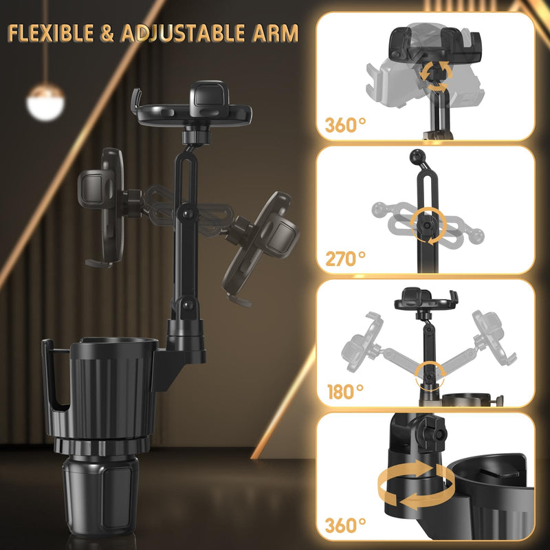 Phone Holders for Your Car, 2 in 1 Universal Stable Cup Car Phone Holder | Adjustable Base with Phone Mount, Hand Free, Long Arm, Non-Slip, 360°Rotation Cup Holder Phone Mount for All Smartphones Black
