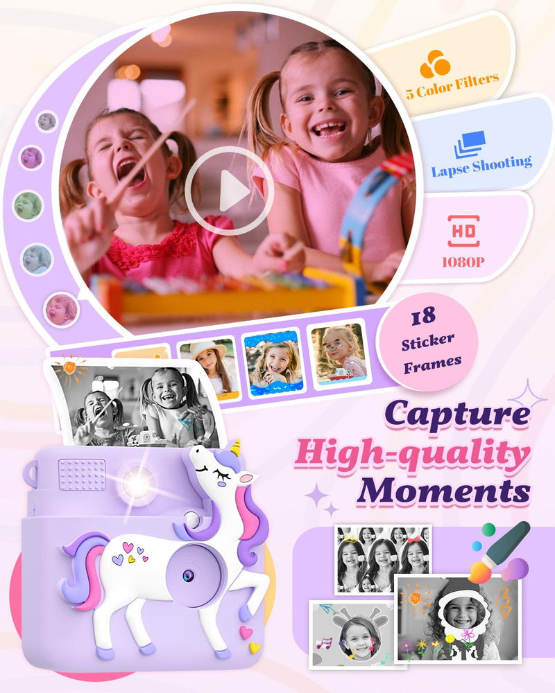 [AUSTRALIA] - Kids Camera Instant Print, 1080P Cameras for Kids Girls Toys Age 6-8, Christmas Birthday Gift for 7 8 9 10 Year Old Girls, Kids Toys for Girls Age 3-12 with 3 Rolls Paper and a 32G Card-Purple Purple 