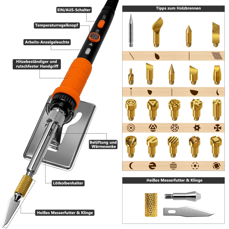 Pyrography Soldering Iron Set, 76-Piece Burning Tool with Adjustable Temperature from 200 to 450°C, Burning Iron Set with Pyrography Pen for Embossing, Carving, DIY Crafts 2-Orange Colour.